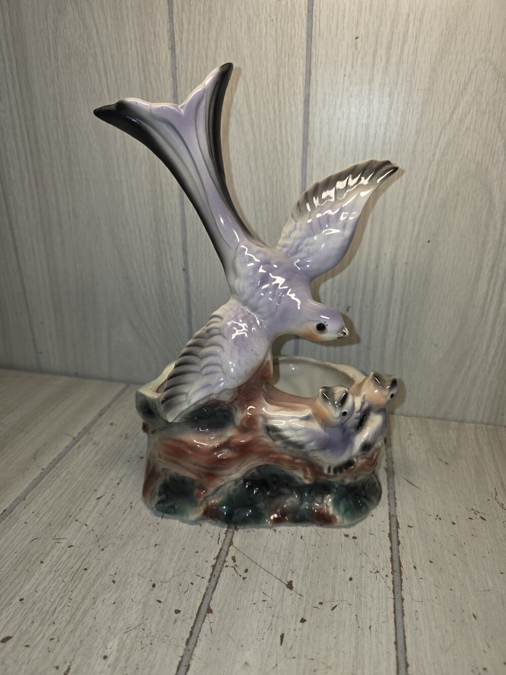 Vtg 1959 Maddux Of California Planter Momma Blue Bird Feeding Babies USA READ